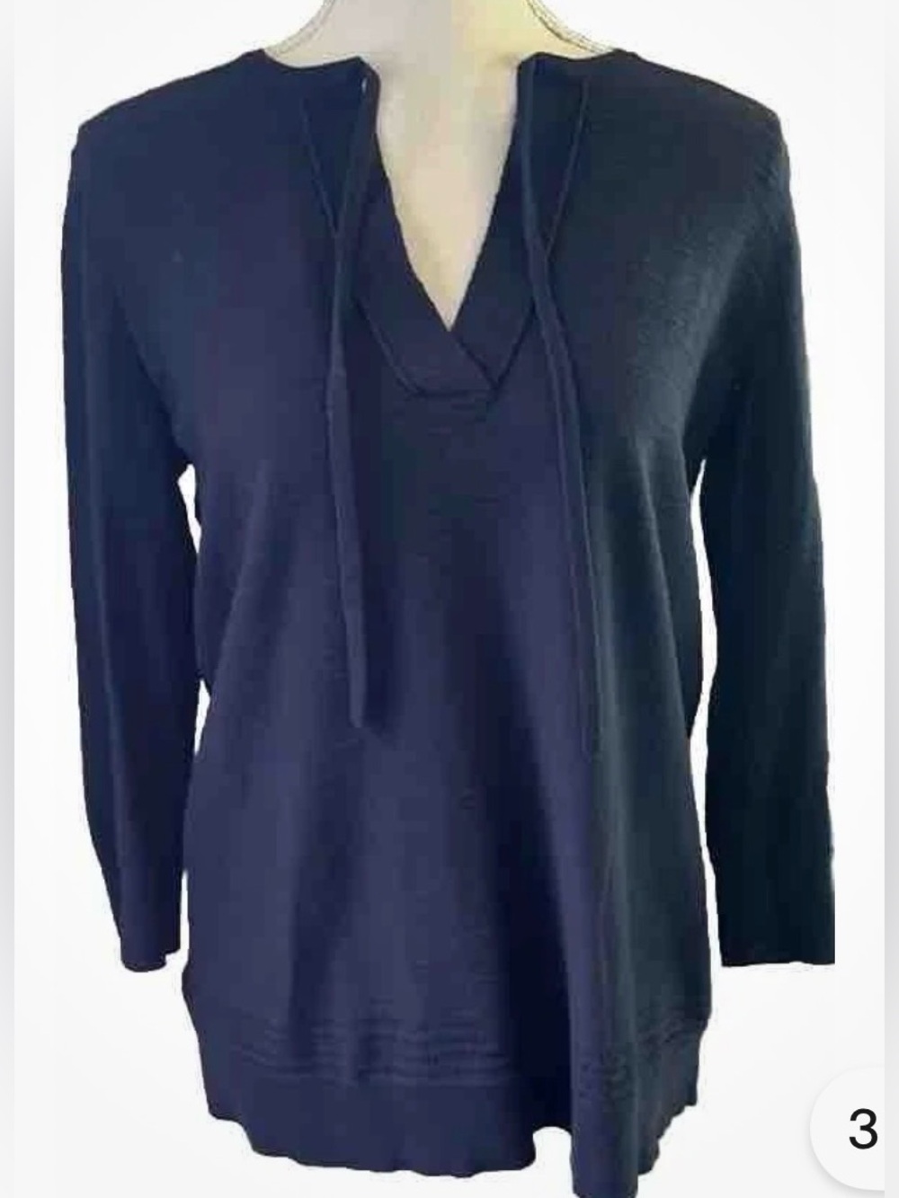 Loft Navy MP Pullover Sweater 3/4 Sleeve V Neck Tie Neck